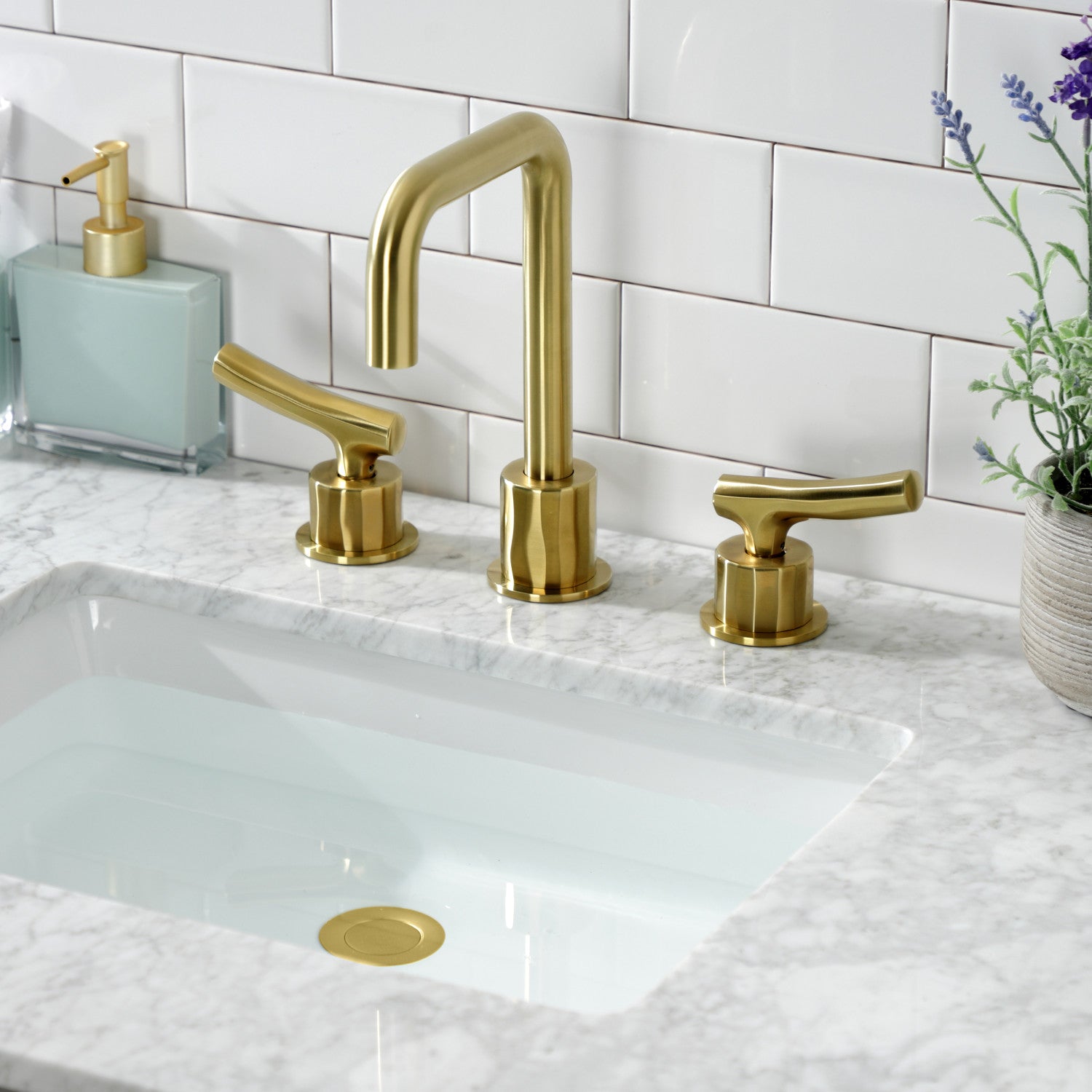 Kingston Sona KS1457TKL - Hallerbos Two-Handle 3-Hole Deck Mount Widespread Bathroom Faucet with Push Pop-Up Drain, Brushed Brass — thumbnail 2